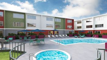 A rendering of an apartment building with a swimming pool